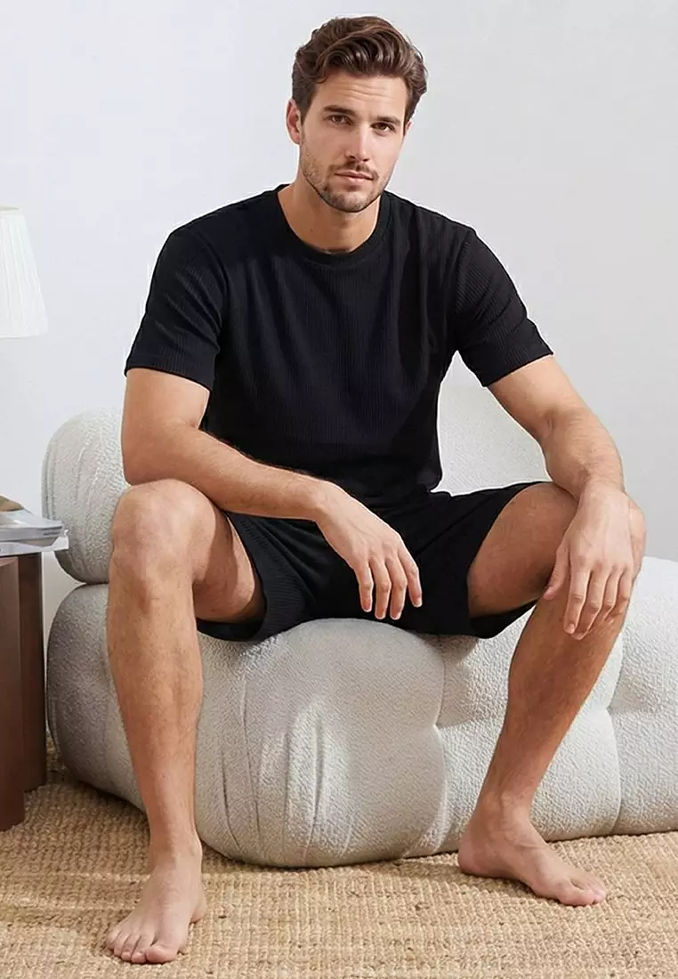 Black Regular Cut 3-Pack Textured Tracksuit Set Tmnss26Em00002