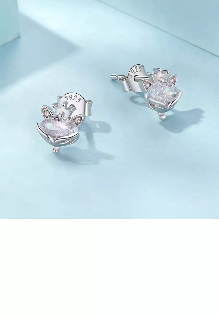 Buy Glamorousky 925 Sterling Silver Simple Cute Crown Fox Stud