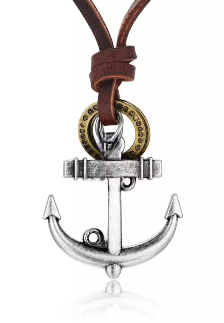 Aksesoris Kalung Kulit Pria Marine Anchor  Leather Necklace Brown & Silver