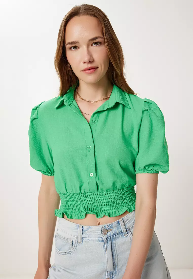 Women Dark Green Balloon Sleeve Linen Crop Shirt Blouse Tp00081