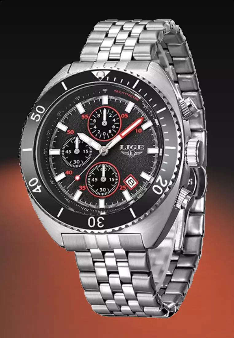 Unisex Chronograph Diver's Stainless Steel Quartz Watch with turning Bezel on Steel Bracelet