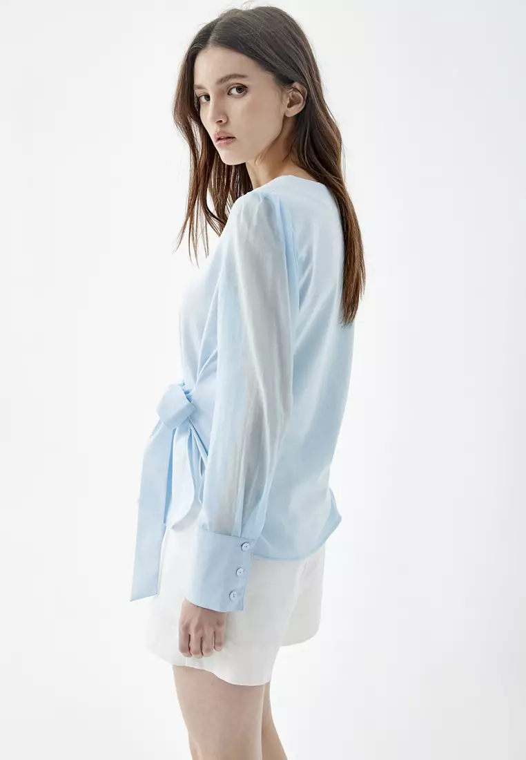 Long Sleeve Top With Front Ribbon Waist Tie