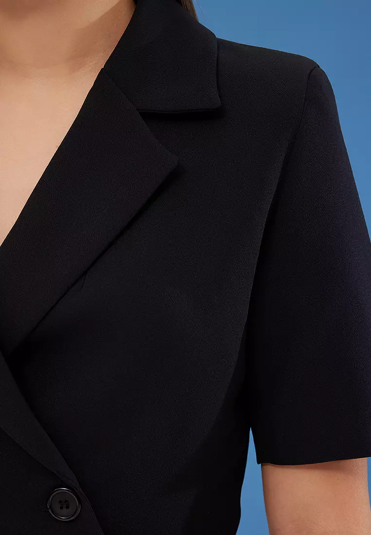 Black Double Breasted Crop Woven Blazer Jacket