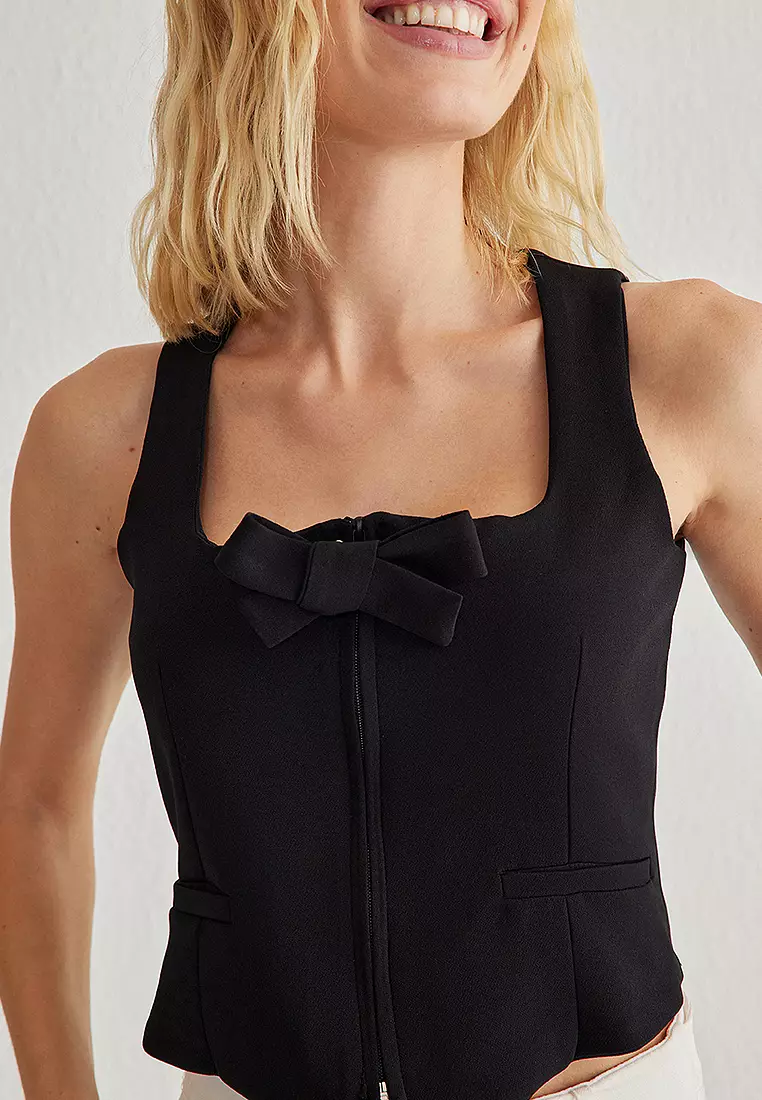 Black Regular Ribbon Detail Woven Vest