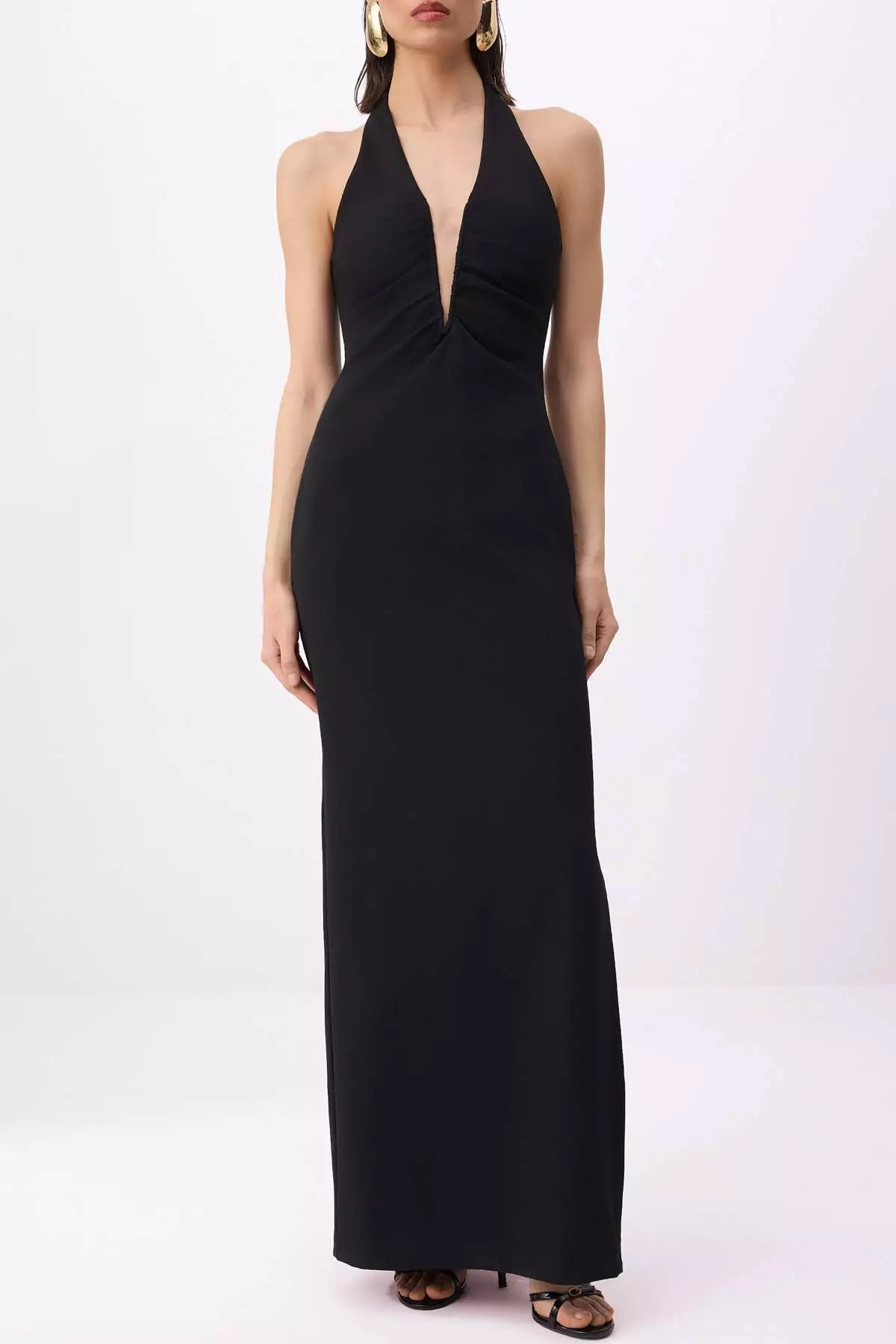 Black Deep V-Neck Woven Maxi Evening Dress & Graduation Dress Tprss26Ae77