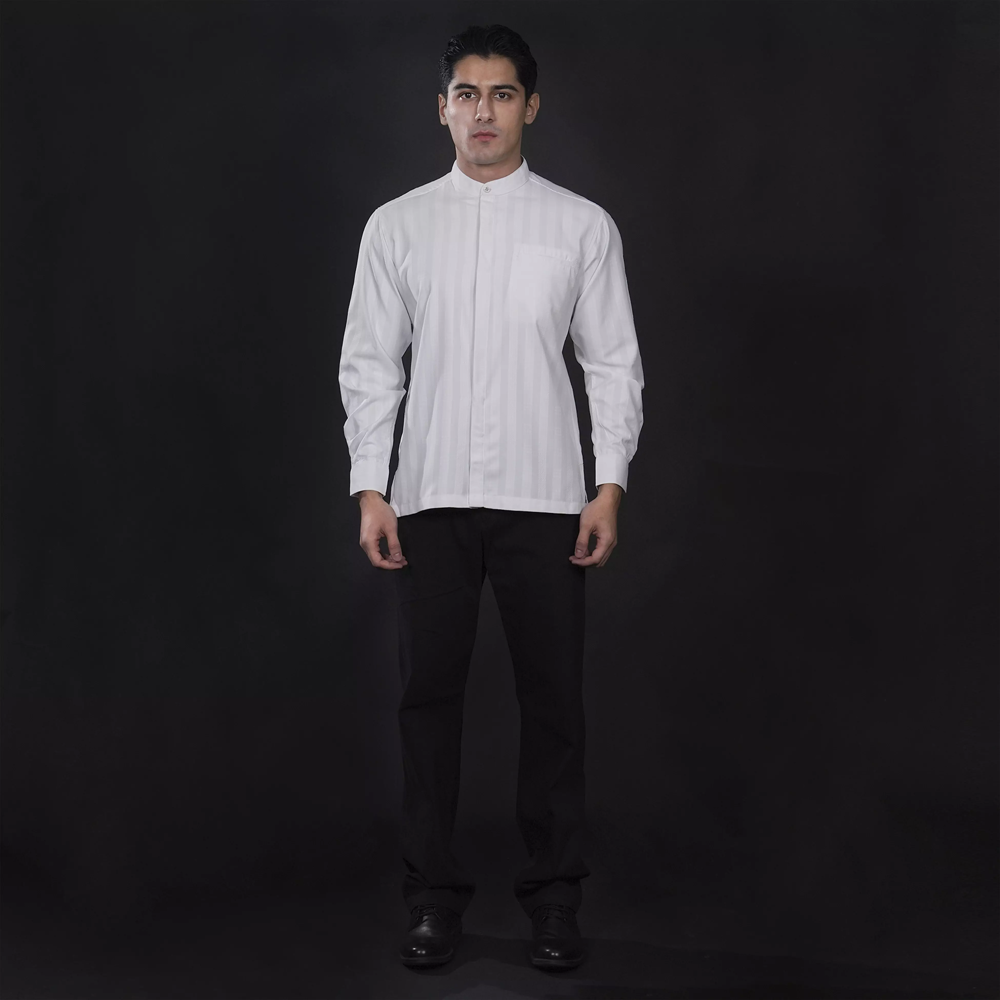 Casella Baju Koko Pria Lengan Panjang Premium Vertical White | Koko Elegant Musa Lengan Panjang 9004 White