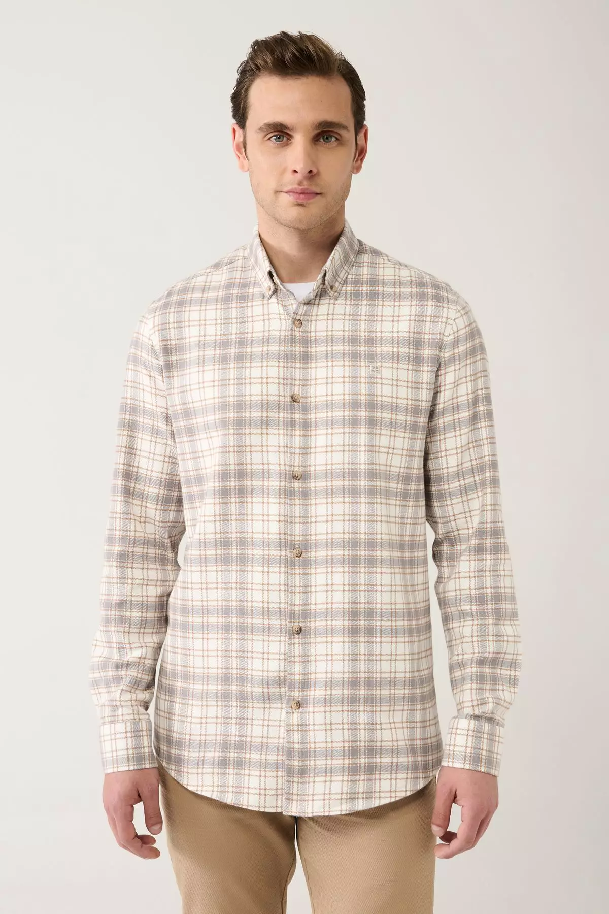 Men's Beige Button-Down Collar 100% Cotton Plaid Shirt A32Y2150