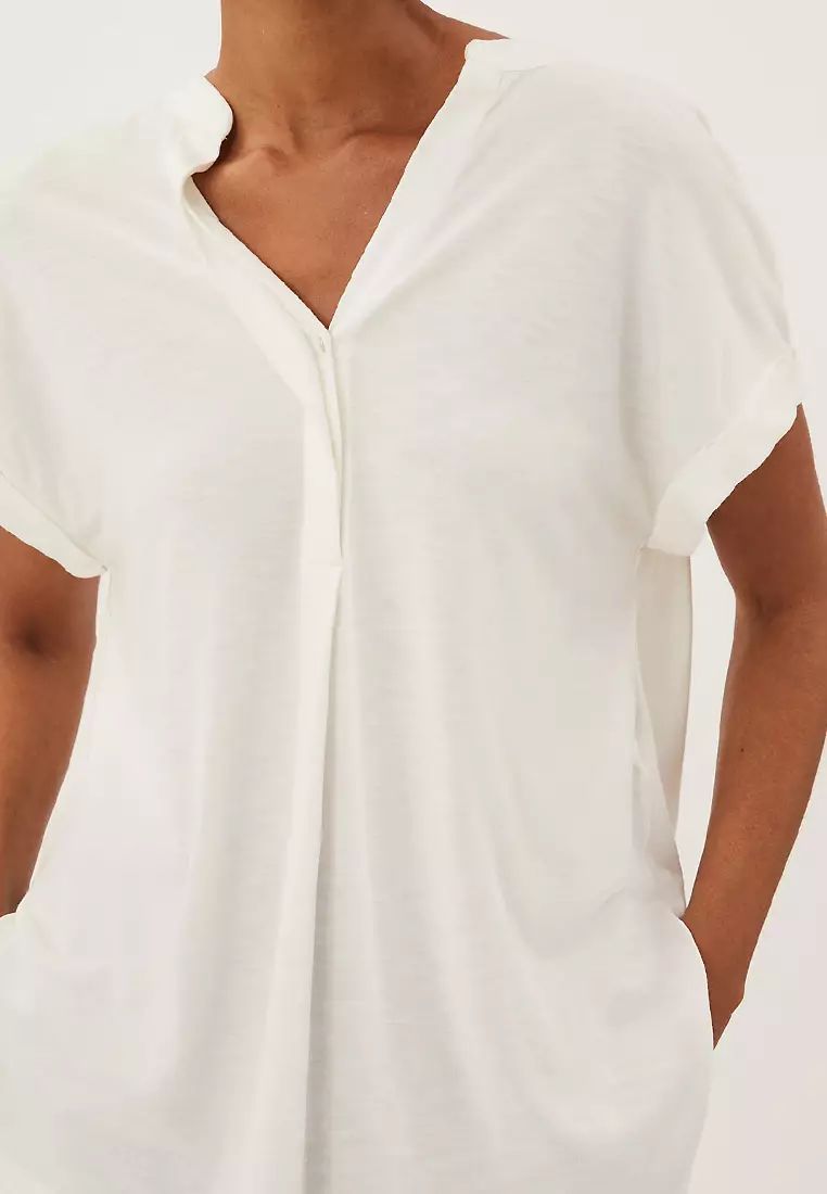Jersey V-Neck Short Sleeve Popover Blouse