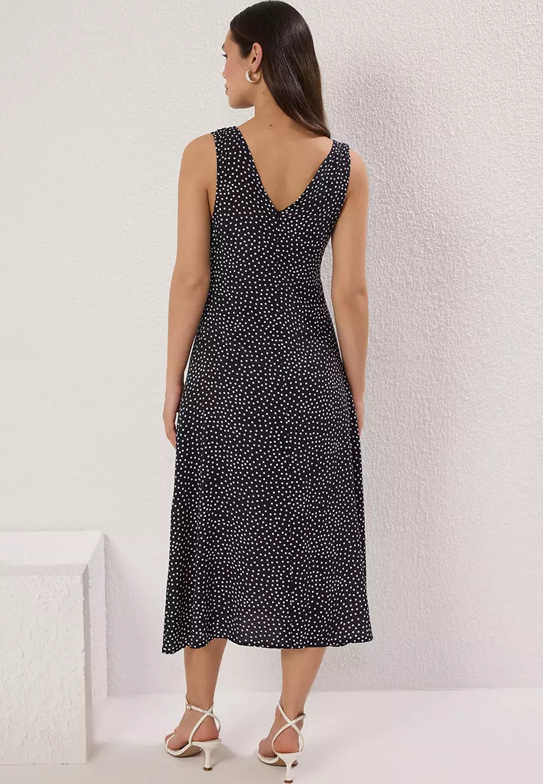 Navy Blue Polka Dot A Cut Midi Woven Dress TWOSS25EL00403