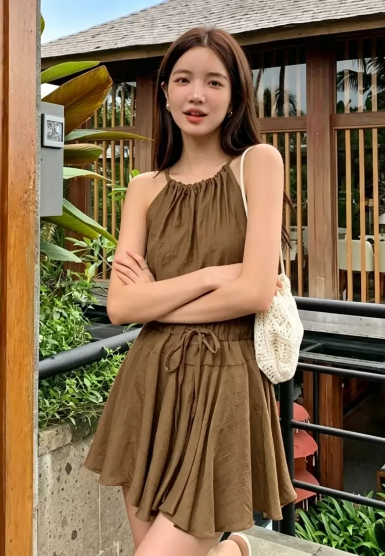 Vacation Style Halter Cami & High Waist Skirt Set CA26041628BW