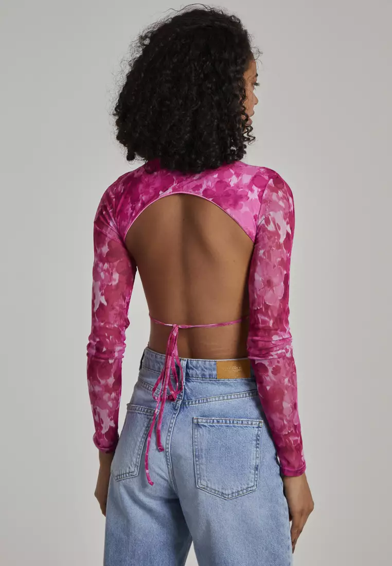 Pink Vanilla Hot Pink Graphic Floral Long Sleeve Bodysuit