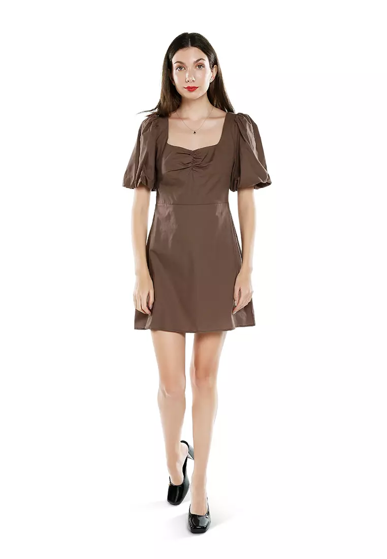 Sweetheart Neck A-Line Dress In Brown