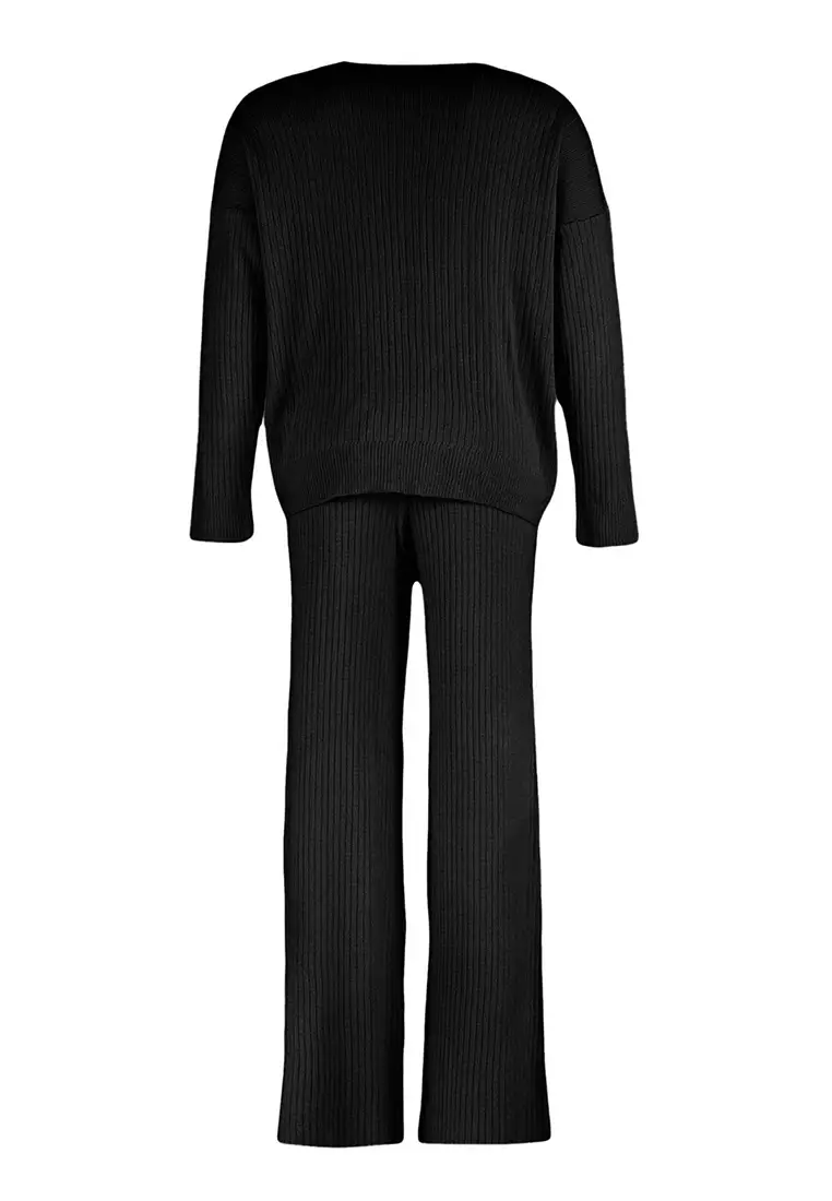 Plus Size Black Knitwear Sweater And Trousers Set Ribbed Crew Neck