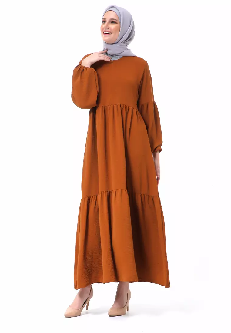 Tika Dress Wanita Gamis Muslimah Rubber Hands High Quality Premium - Cinnamon