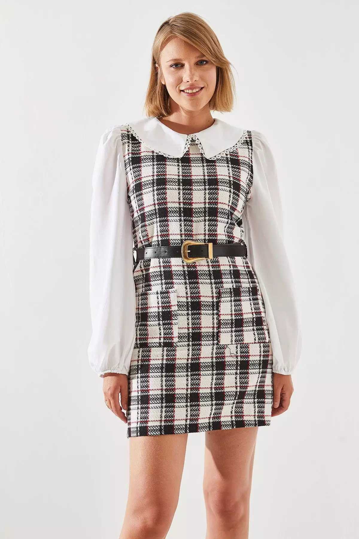 Women's Belted Plaid Patterned Collar Dress