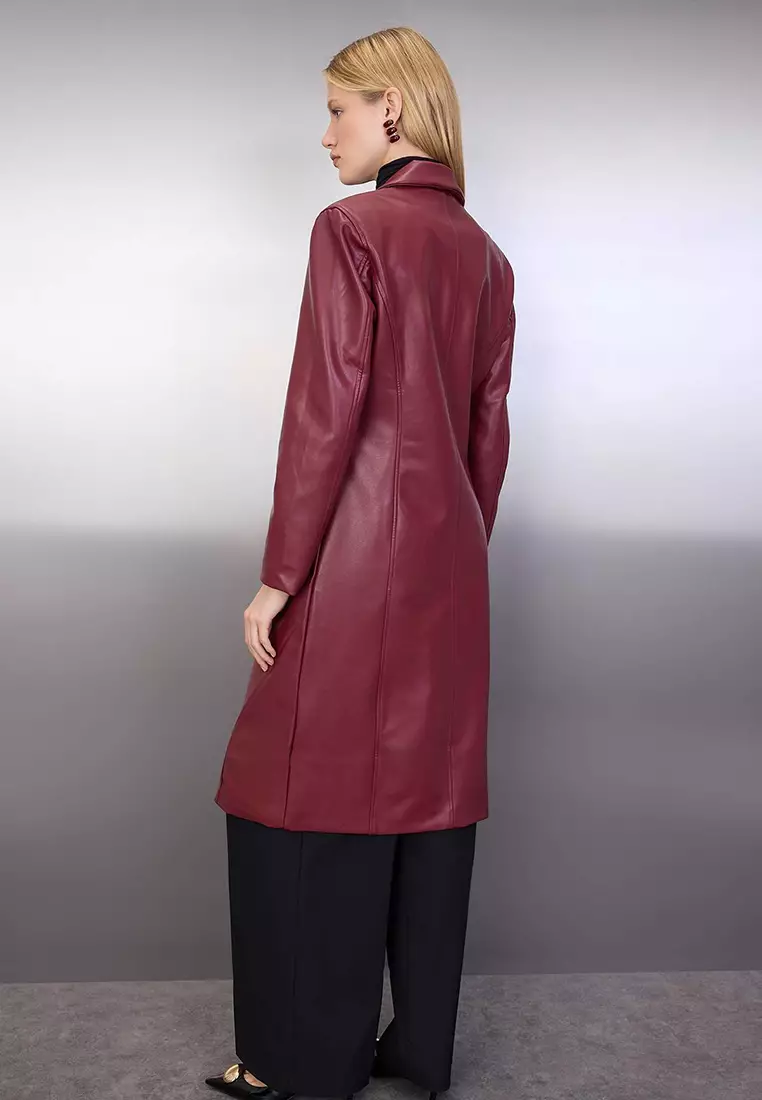 Burgundy Faux Leather Mono Closure Regular Long Coat