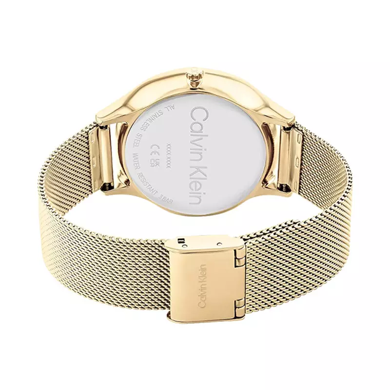 Jam Tangan Wanita Calvin Klein Timeless Multifunction 25200103 Ladies Gold Dial Gold Mesh Strap