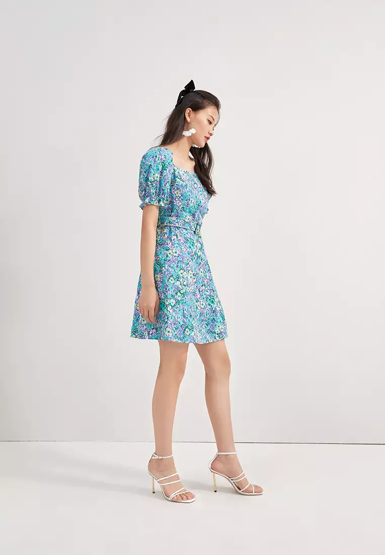 Square Neck Floral Mini Dress with Belt