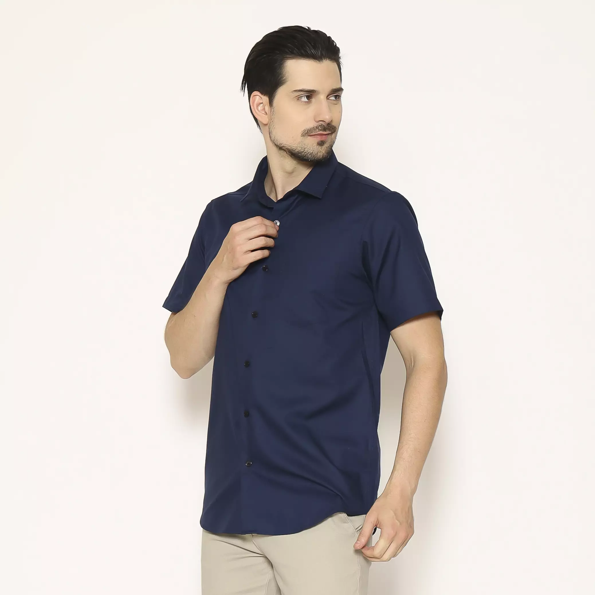 MAGINOT Kemeja Pria Basic Polos Lengan Pendek DARK NAVY