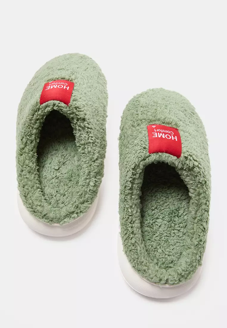 Green Plush Woven Label Detailed Women's House Slippers Takaw25Er00012
