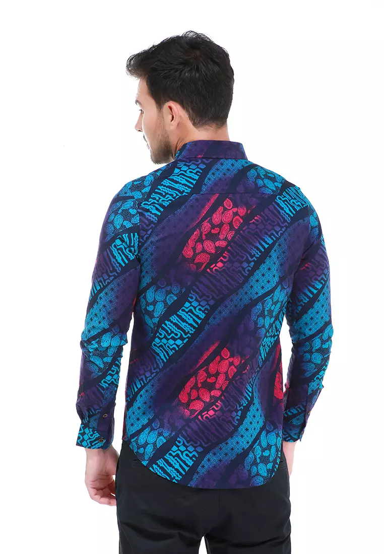 Dwan Kemeja Batik Pria Light Tops Atasan Formal Longsleeve Shirt Material Cotton ORIGINAL - Blue
