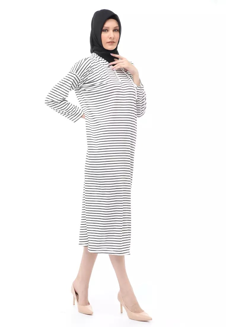 Mega Tunik Motif Stripe Atasan Wanita Long Sleeve Regular Fit - Putih K