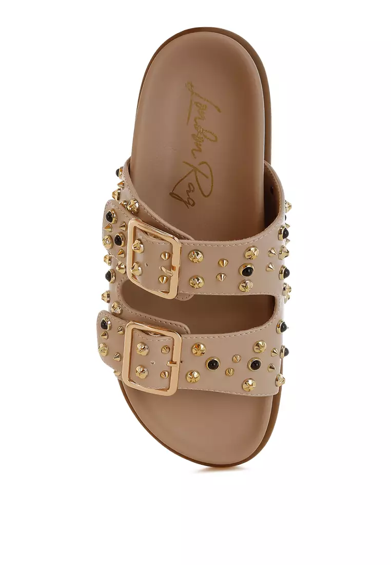 Metallic Stud Embellished Sliders In Beige