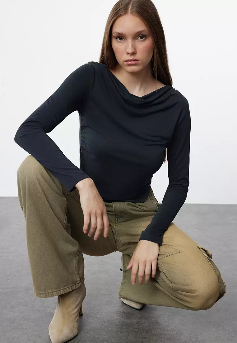 Degaje Collar And Draped Padded Asymmetrical Knitted Blouse Anthracite Modal