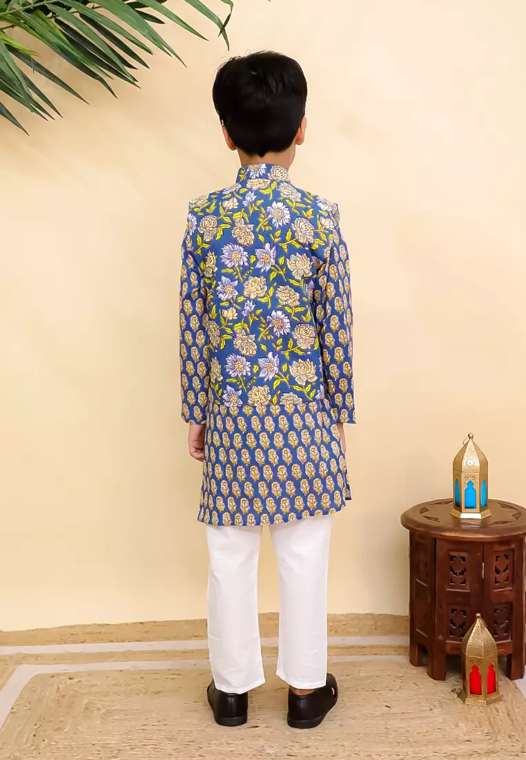The Mom Store Blaze Boys Jacket And Kurta Pajama Set - Blue