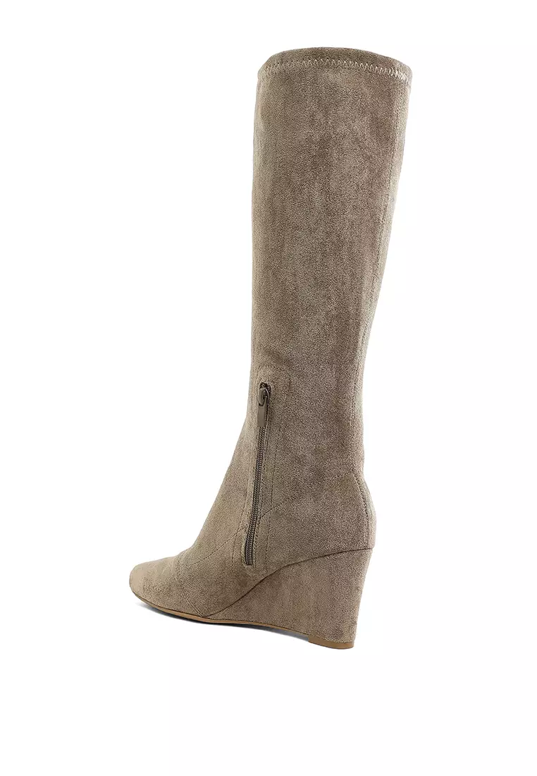 Microfiber Wedge Heel Boots in Taupe