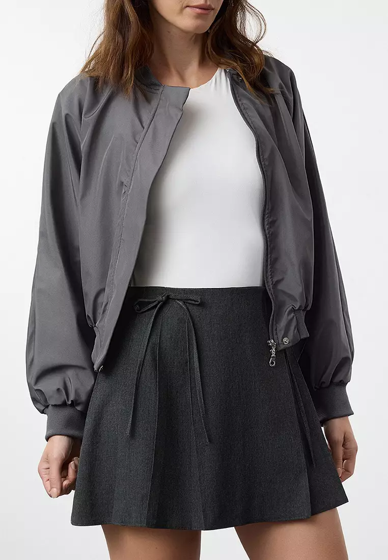 Dark Anthracite Pleated And Ribbon Detailed Mini Skirt Tedaw25Et00012