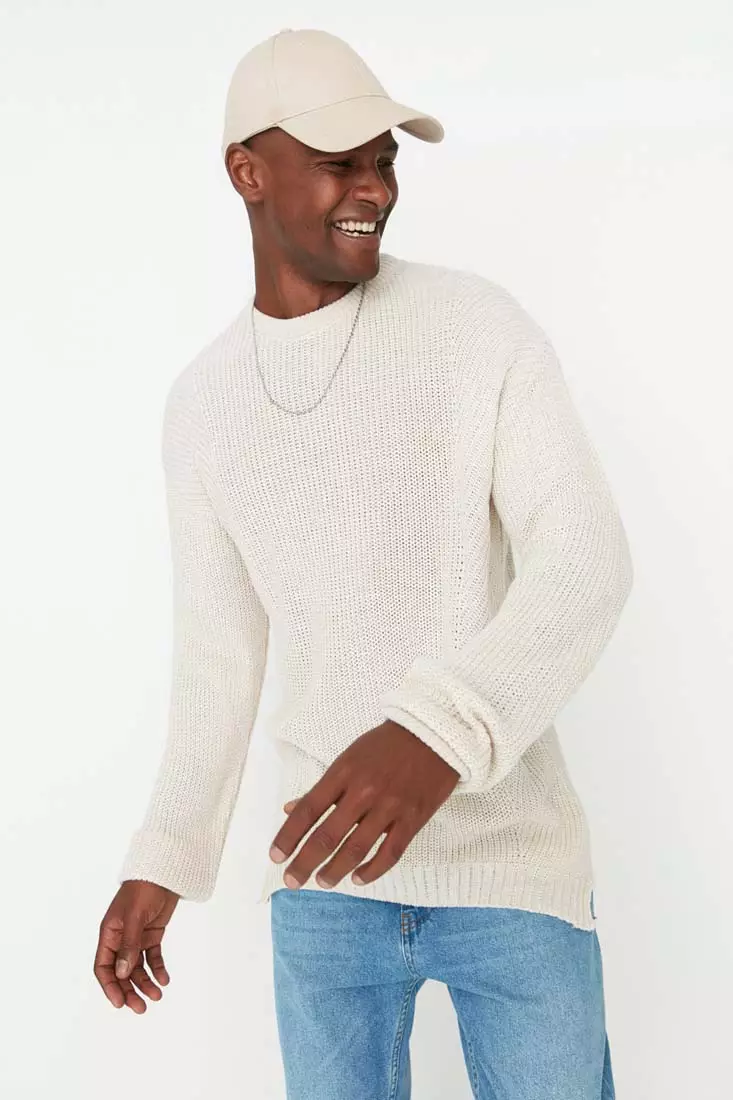Beige Men's Oversize Fit Wide Fit Crew Neck Slit Knitwear Sweater