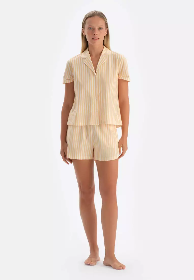 Yellow Shirt & Shorts Knitwear Set, Striped, Shirt Collar, Regular, Short Leg, Short Sleeve Sleepwear for Women