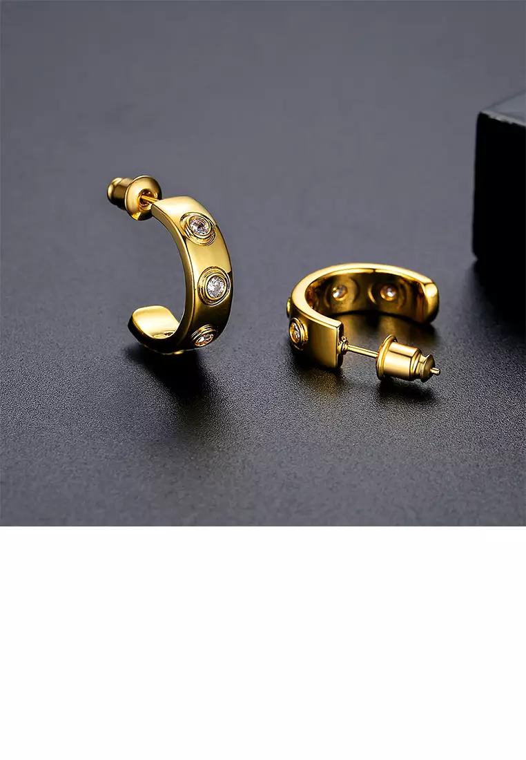 Simple and Fashion Plated Gold C-shaped Geometric Stud Earrings with Cubic Zirconia