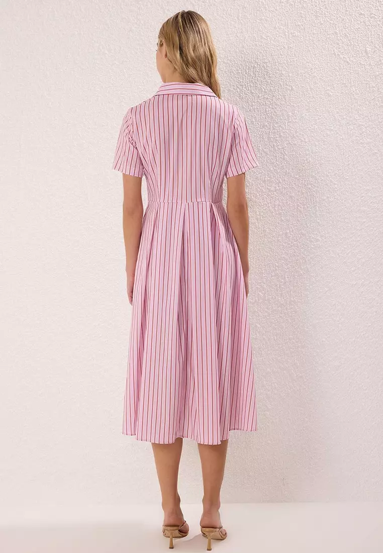 Pink Striped Skirt Waist Open Half Placket Midi Woven Dress Twoss25El00187