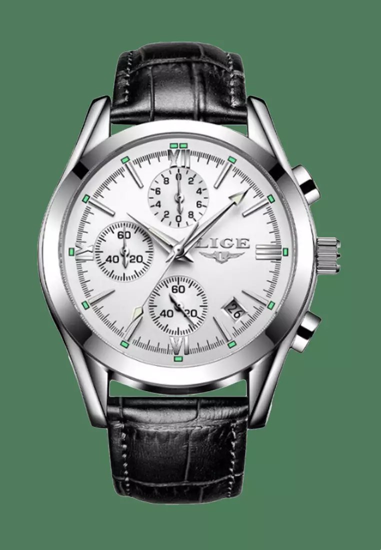 Chronograph Unisex Stainless Steel Quartz Watch, silver dial, black leather strap