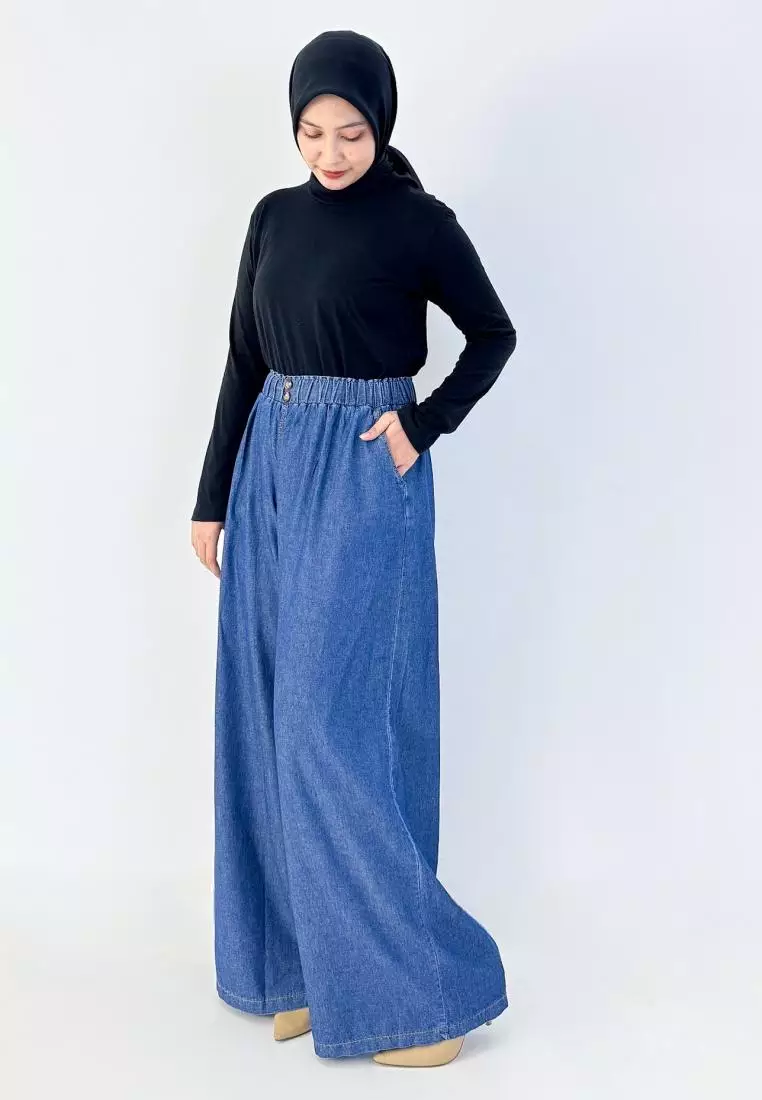 Palazzo Denim Welly (Celana Panjang Bawah Lebar) Panjang 106 cm BIRU TUA