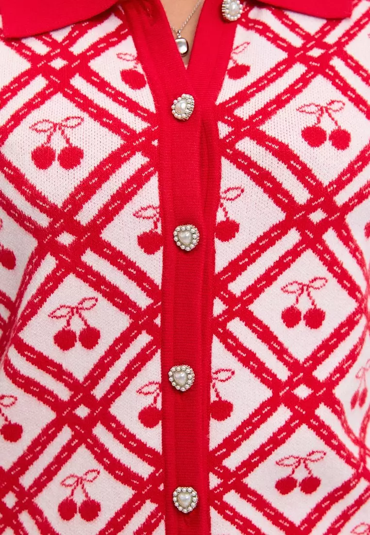 Lace Trim Buttoned Knit Top - Red