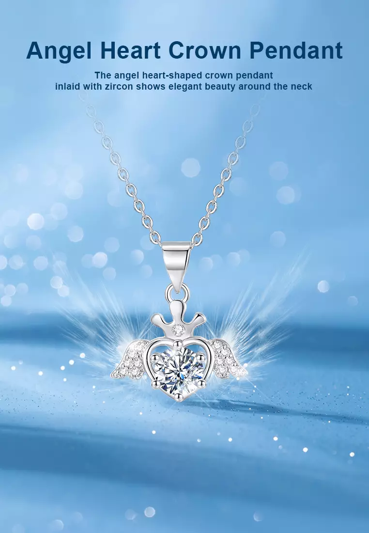 Kalung Wanita Korea Fashion Berlian Angel Heart Crown Pendant Zircon Titanium Anti Pudar Kalung Cewek Original N015