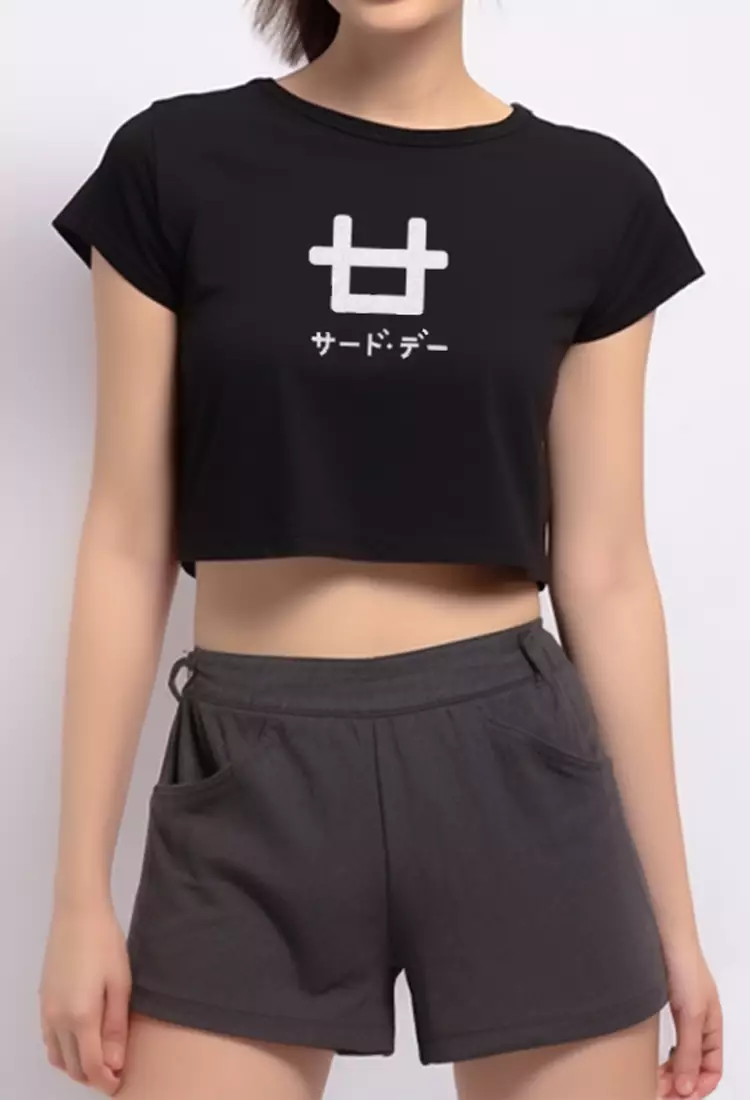 LTD69 Crop Top Logo Hitam Kaos Casual Wanita