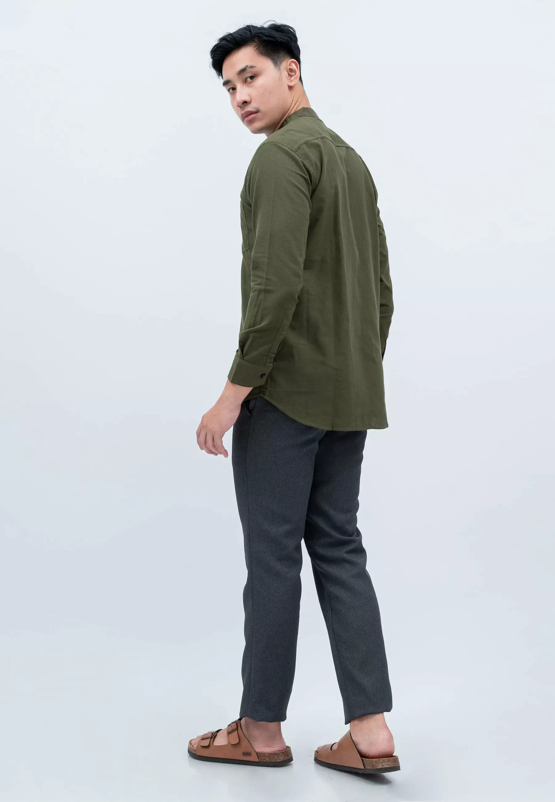 Houseofcuff kemeja Koko Lengan Panjang Pria Army