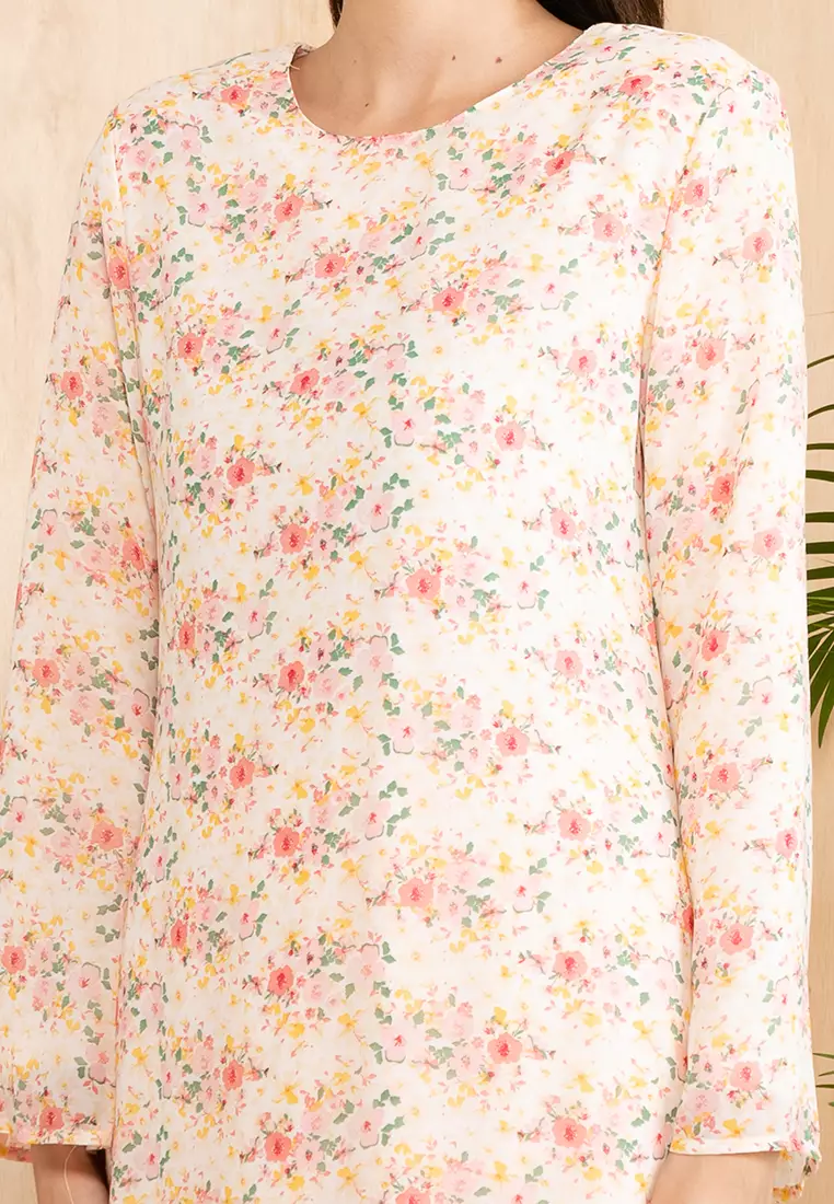 Romantic Floral Baju Kurung Moden Kain Kipas Belakang in Light Yellow