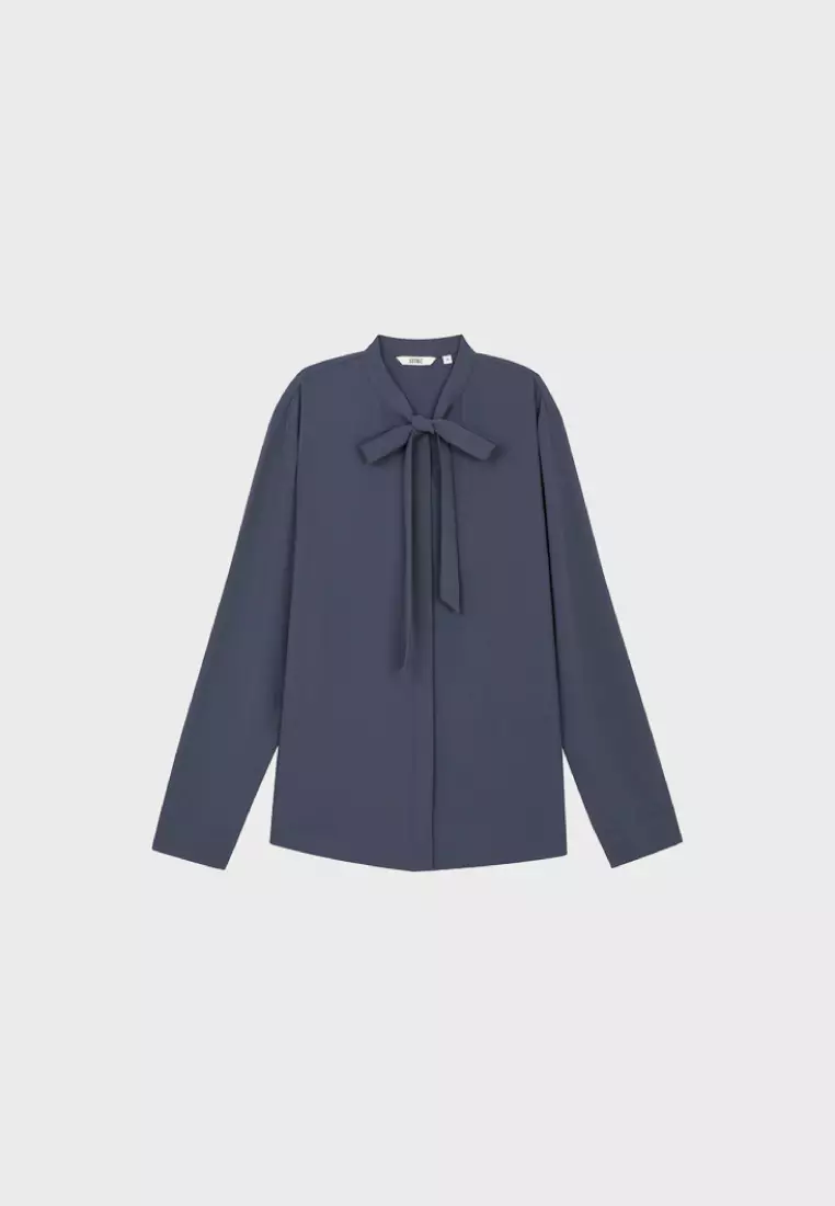 Dark Grey Stand Collar Tie Long Sleeve Top