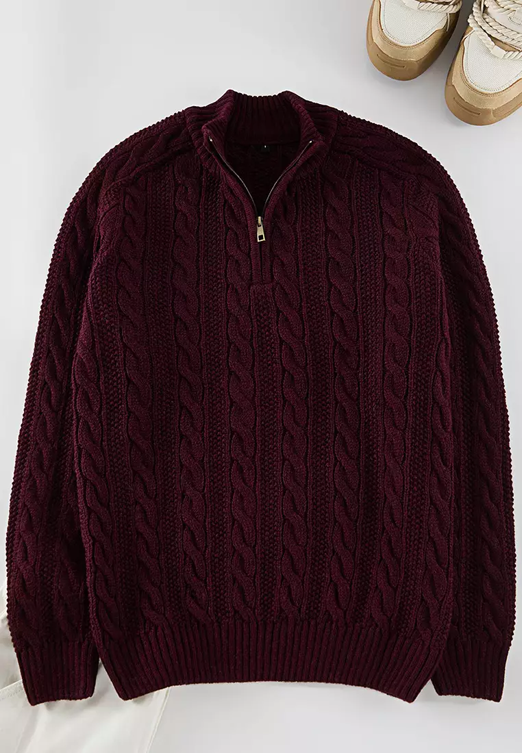 Claret Red Unisex Regular Fit Zippered Half Turtleneck Knit Sweater TMNAW21KZ0737