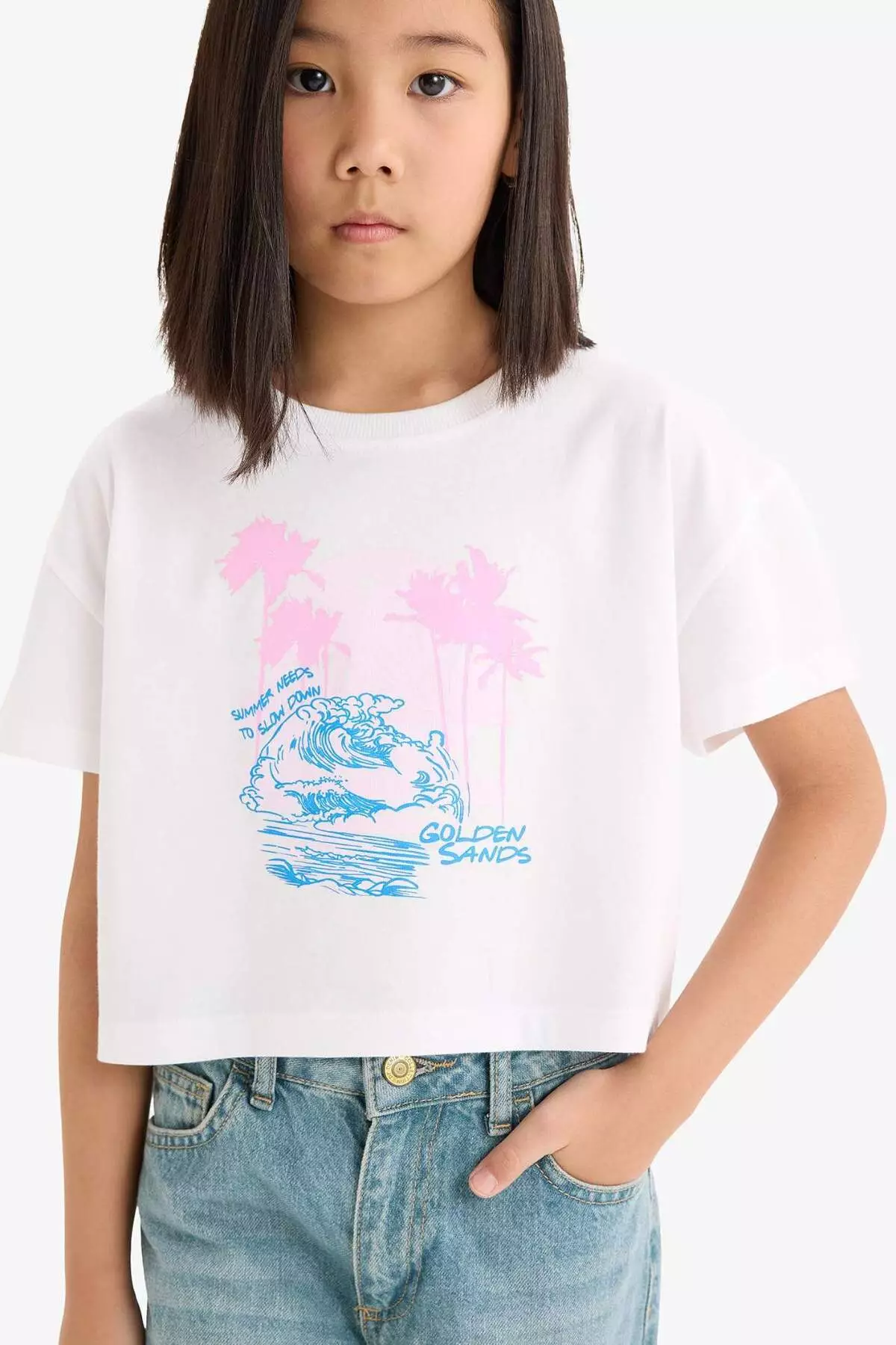 Girl's Crew Neck Printed Short Sleeve T-Shirt E0384A825Sm