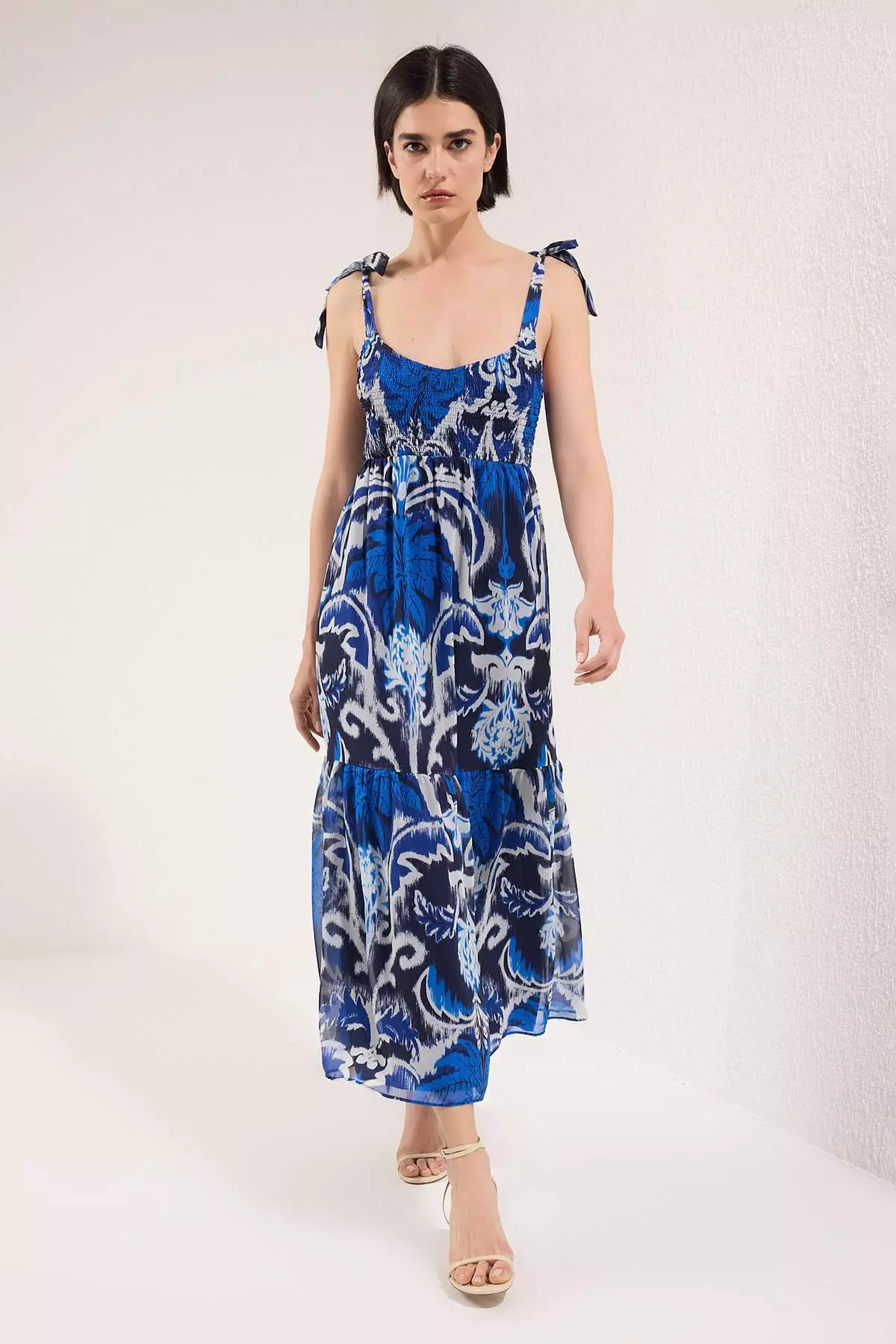 Navy Blue Paisley Pattern Skirt Waist Opening Gipeli Maxi Woven Dress Twoss25El00710