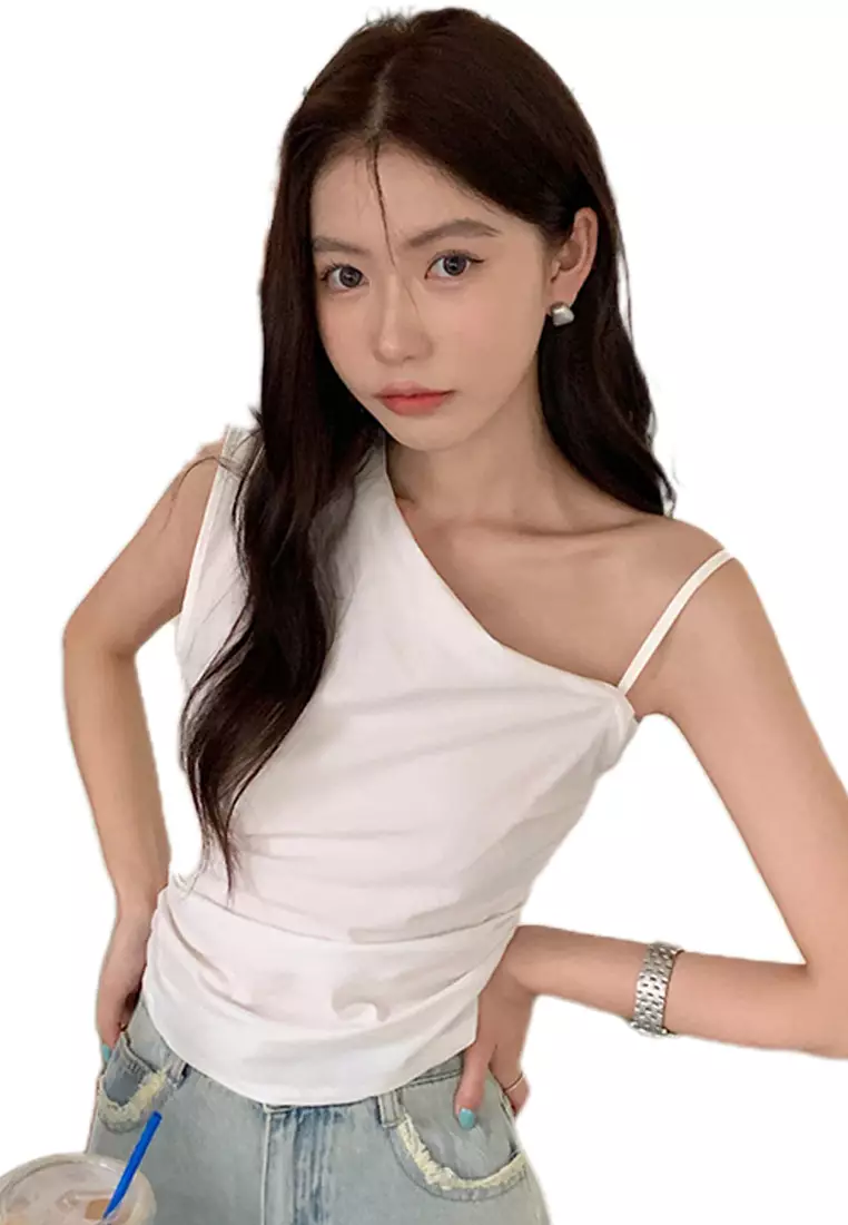 Buy Sunnydaysweety 2024 Korean style one shoulder camisole shirt slim ...
