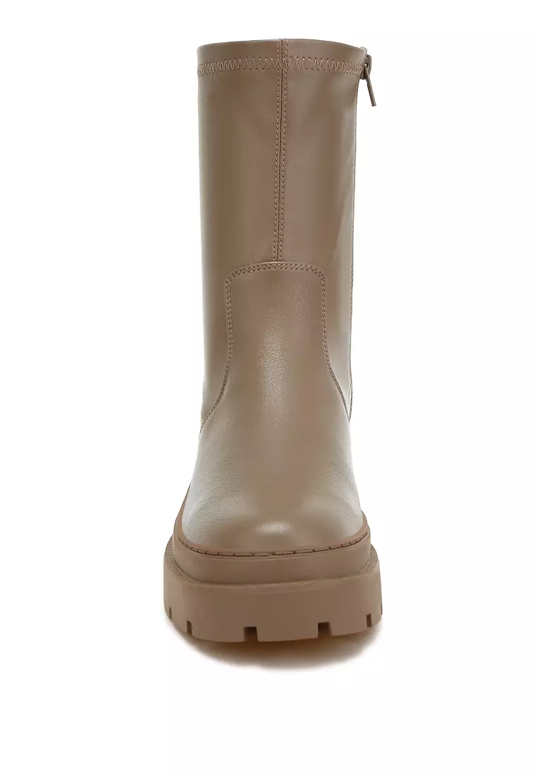 Chunky Faux Leather Calf Boots in Taupe