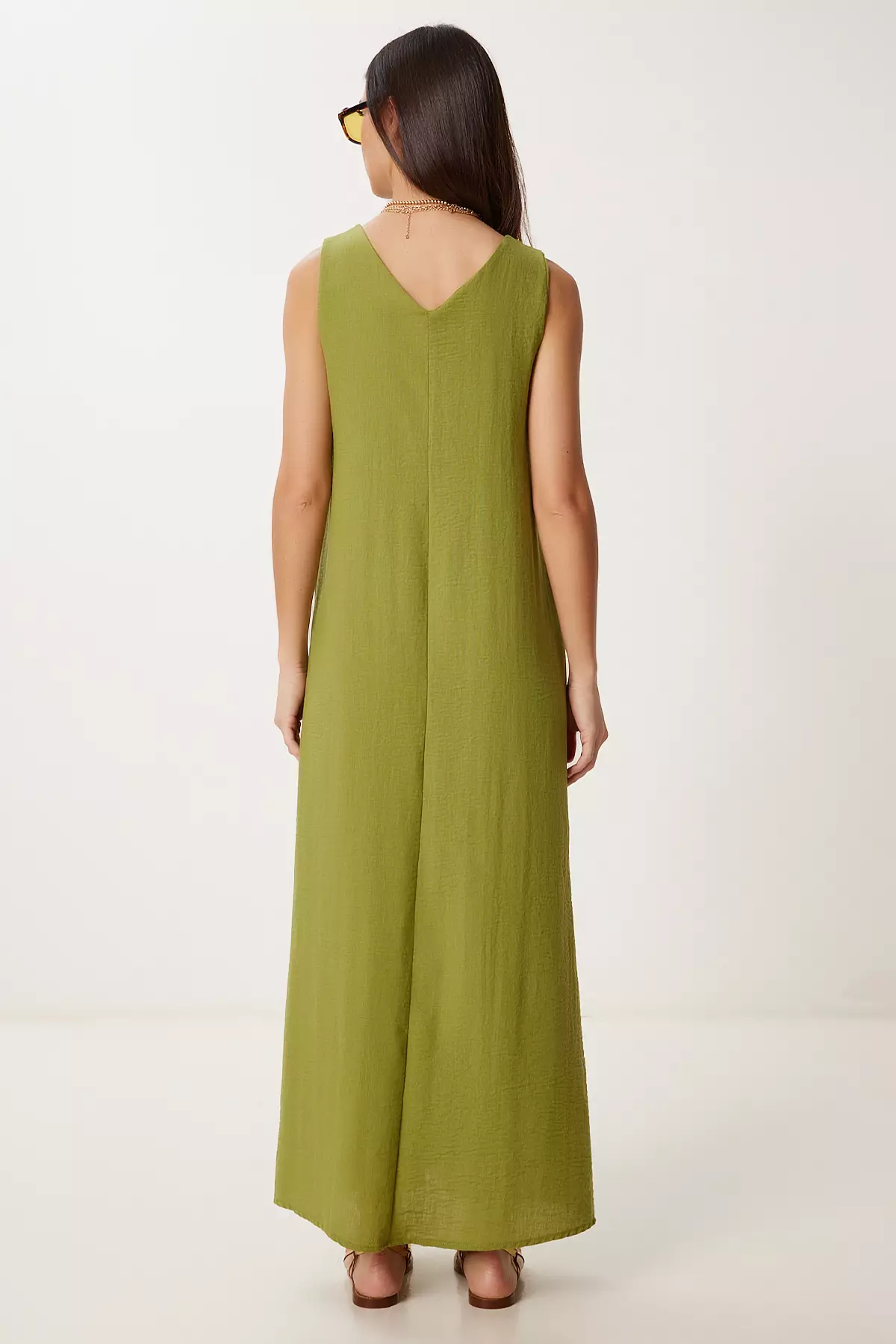 Women's Oil Green Sleeveless Basic Summer Linen Dress Dz00128