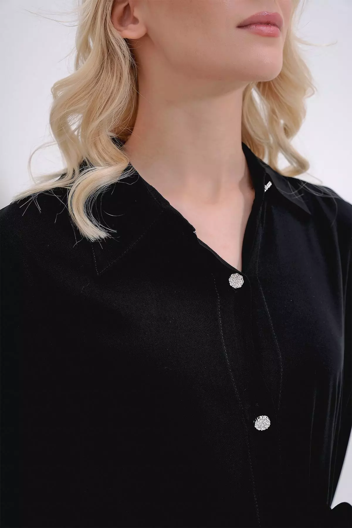Women's Black Shirt Collar Stone Button Detailed Skirt Frilly Woven Viscose Dress